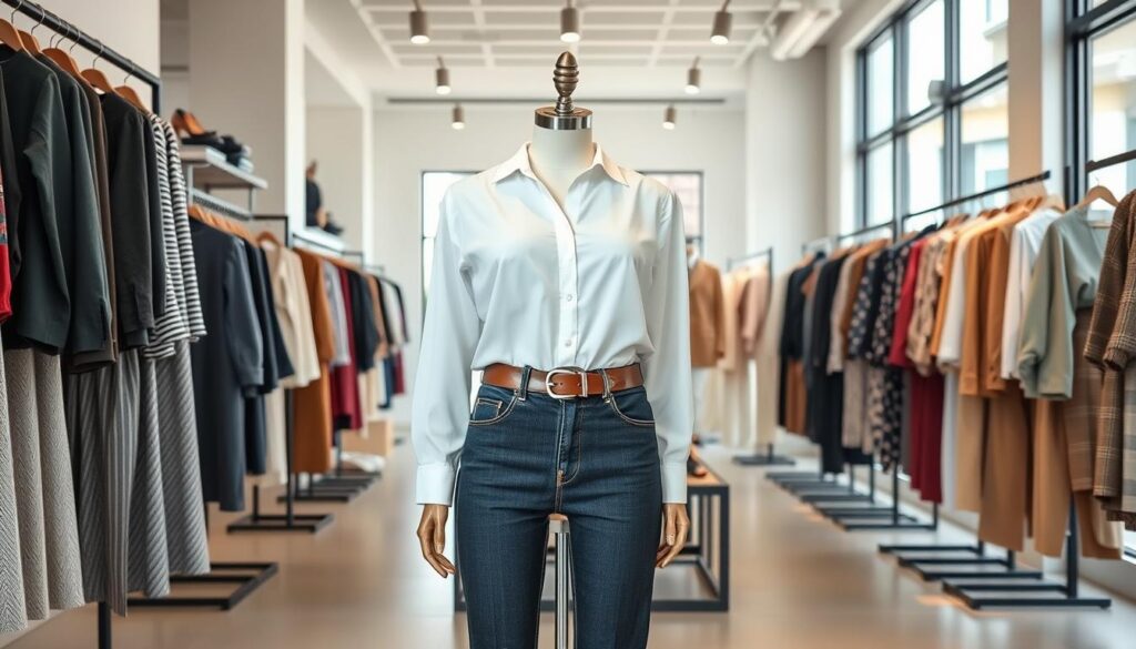 A well-lit fashion display in a modern, minimalist storefront, showcasing a diverse array of affordable yet stylish apparel. The foreground features a central mannequin wearing a chic yet practical outfit - a crisp white blouse, slim-fitting dark jeans, and a sleek leather belt. Surrounding the mannequin are neatly arranged clothing racks and shelves, presenting a curated selection of versatile and high-quality pieces in a range of colors and patterns. The middle ground includes additional mannequins showcasing a variety of trendy but budget-friendly looks, while the background depicts a clean, airy interior with large windows allowing natural light to flood the space. The overall atmosphere conveys a sense of accessibility, quality, and style that caters to the discerning yet cost-conscious consumer.