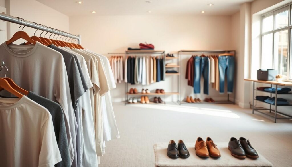 A well-lit, spacious room with warm, soft lighting. In the foreground, a neatly organized rack displays a variety of basic, high-quality clothing items - plain t-shirts, classic button-down shirts, versatile sweaters, and well-fitted jeans in neutral tones. The middle ground showcases a minimalist, tasteful shoe rack with a selection of comfortable, durable footwear. In the background, a large window allows natural light to filter in, illuminating the space and creating a sense of airiness and openness. The overall atmosphere is one of simplicity, practicality, and timeless style, reflecting the idea of investing in essential, economical wardrobe staples.